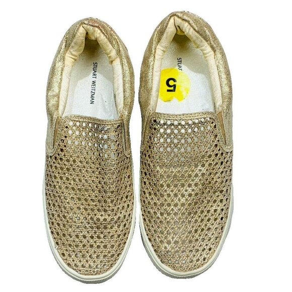 Metallic Gold Slip-On Sneakers With Perforated Design By Stuart Weitzman Size 7. - Picture 3 of 8